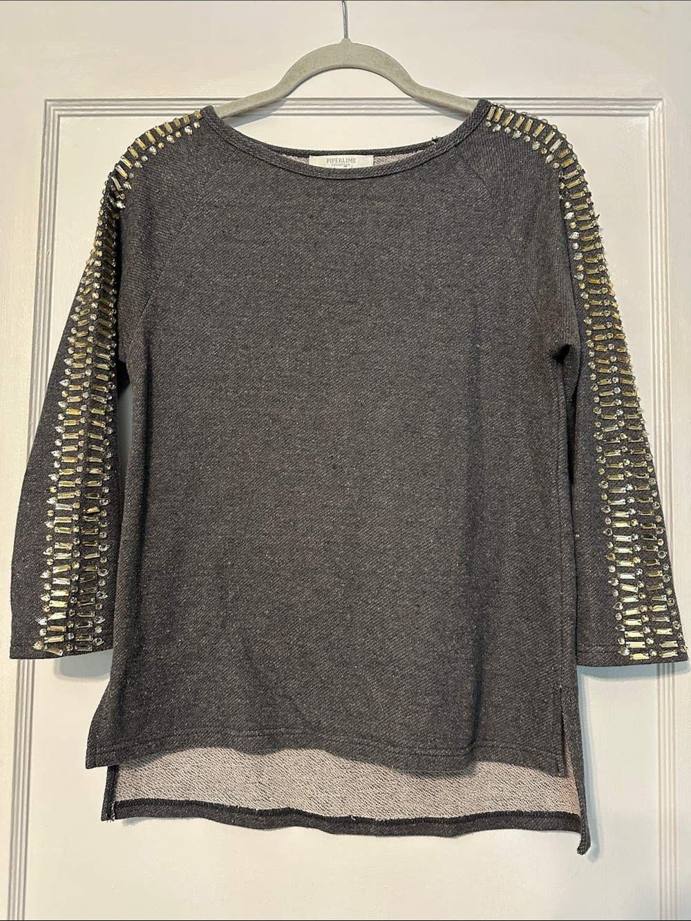 Piperlime Charcoal Gray Knit Top with Embellished Beaded Sleeves